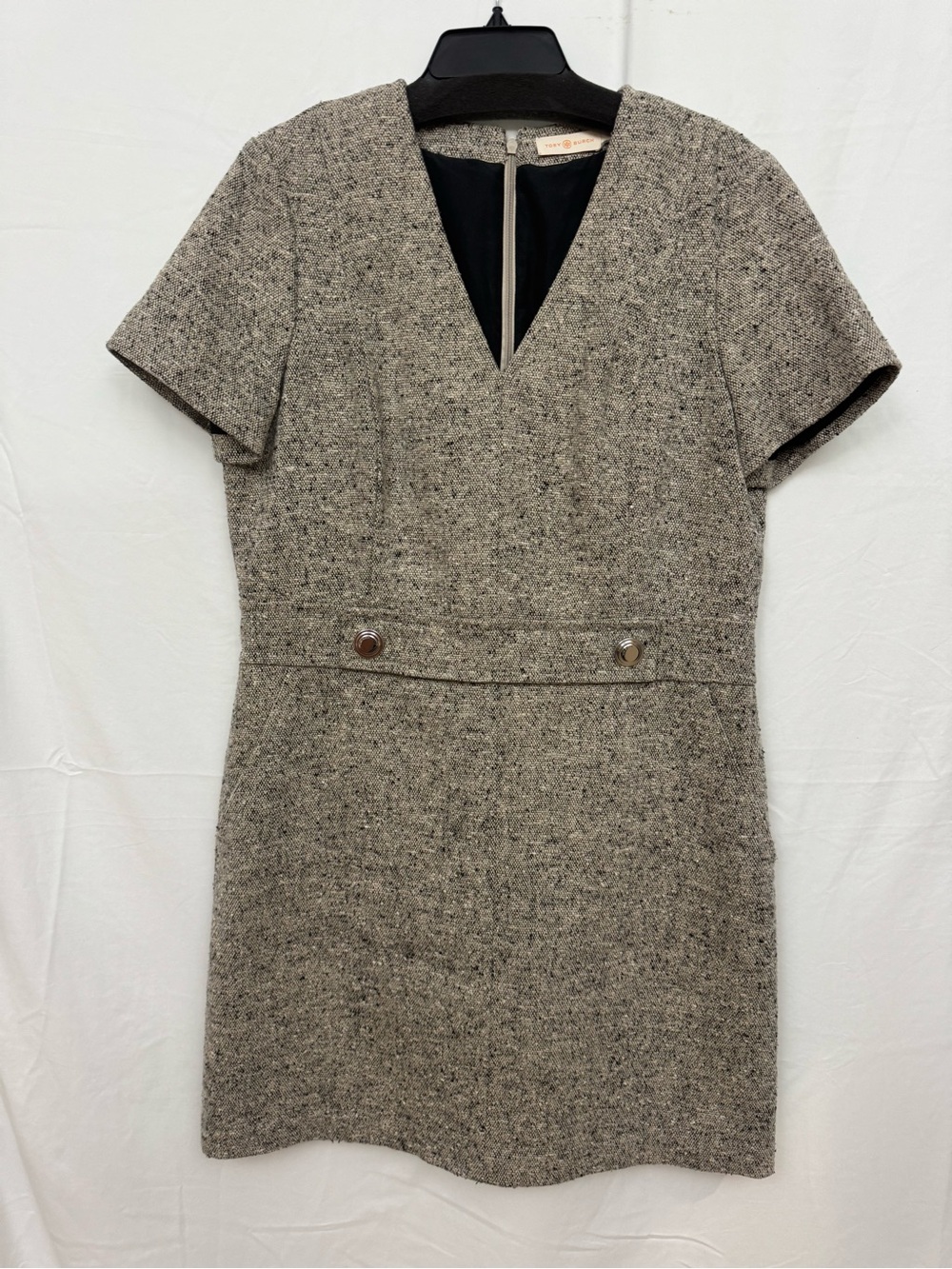 Tory Burch Gray Tweed V-Neck Sheath Dress Short Sleeve Career